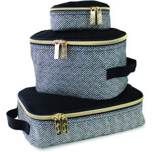 Lot De 3 Cubes De Rangement Ou Organisateur De Voyage, Avec Dessus En Maille, Doubles Fermetures &Eacute;clair Et Une Poign&eacute;e En Tissu, Caf&eacute; Et Cr&egrave;me - Neuf
