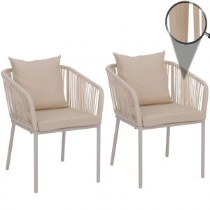 Lot De 2 Chaises De Jardin Hwc-N41, Accoudoirs D'ext&eacute;rieur, R&eacute;sistantes Aux Intemp&eacute;ries, Tressage En Corde D'aluminiumCr&egrave;me, Coussins Cr&egrave;me - Neuf