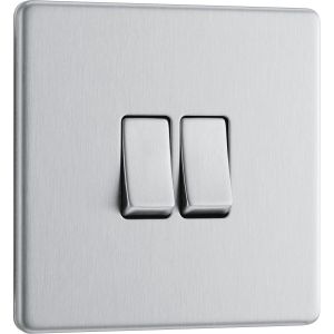 BG Electrical FBS42 Interrupteur mural double 2 voies Plaque avant sans vis Profil fin Plaque plate de qualité supérieure Acier brossé 20 A 16 AX - Neuf