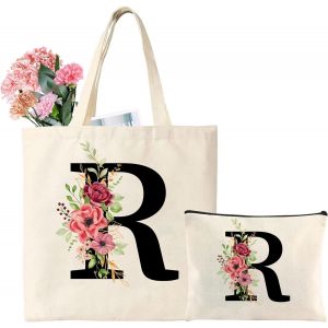 TIANYI-Personnalisé Alphabet Sac en Toile, Tote Bag Initiale, Fourre Tout Filles, Cadeau pour Femme, Amie, Demoiselle d'honneur, Anniversaire, Mariage (R) - Neuf