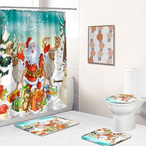 Ensemble de 4 Santa Claus Christmas Rideaux de Douche avec Slip Mat, Toilette d'un Couvercle et Tapis de Bain, No&euml;l Cerfs Rideaux de Douche avec 12 Crochets, No&euml;l Rideau de Douche Sets de salle de B - Neuf