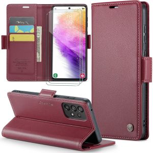 Kal-Coque Pour Samsung Galaxy A53+ 2 Pi&egrave;ces Verre Tremp&eacute;,Antivol,Prend En Charge Le Chargement Sans Fil, Pochette Fermeture Magn&eacute;tique Flip Case-Bourgogne - Neuf