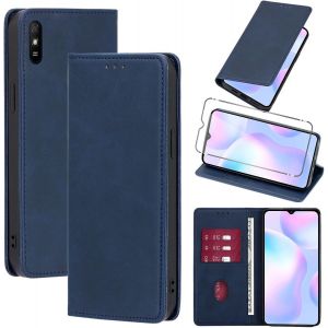 Kal-Coque Cuir Pour Xiaomi Redmi 9at/Redmi 9a 6.53"" Avec 1 Verre Trempé Etui À Rabat En Pu Porte-Cartes Portefeuille Support Flip Housse Magnétique Antichoc Anti-Rayures Case,Bleu - Neuf