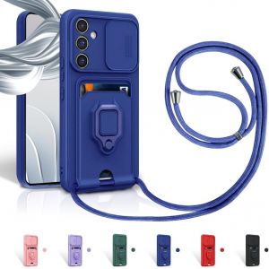 Kal-Cordon De Coque Pour Samsung Galaxy S24 Plus,Couvercle Coulissant De La Caméra+Support Annulaire À 360 Degrés,Fentes Pour Cartes Lanyard Silicone Case -Bleu - Neuf