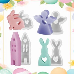 Eryi-4 Moules En Silicone 3d Pâques, Moule En Silicone Lapin De Pâques Pour Artisanat/Bougies/Savons, Moule En Silicone Pâques En Forme De Lapin/Château/Ange, Moule Silicone Lapin 3d Est Facile À Dém - Neuf