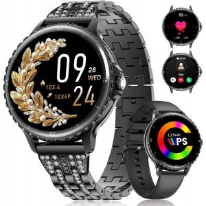 Montre connectée Femme Appels Téléphonique pour Android iOS 1,27"" HD Rose Doré Acier Inoxydable Diamant Smartwatch Ronde,Fréquence Cardiaque,Moniteur de Sommeil,Podomètre,Calories,100+ Mode Sport - Neuf