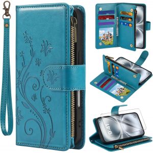 KALANKA-Étui de protection pour iPhone 16 - Avec film de protection d'écran et compartiment pour cartes magnétique - En cuir - Pliable - Anti-chocs - Avec dragonne - Multifonction - Bleu - Neuf
