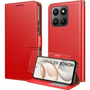JGD-Coque pour Honor 400 Smart avec Verre Tremp&eacute;, Etui Protection Housse Premium en Cuir PU,[RFID Blocage][Emplacements Cartes][Multifonctionnel] Magn&eacute;tique &agrave; Rabat Flip Case - Rouge - Neuf