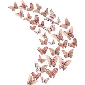 ERYI-36 Autocollants 3D Papillon En Métal Creux, Autocollants De Décoration De Chambre Bébé/Fille, Autocollants Muraux Bricolage, Autocollants Muraux Amovibles Pour Fête De Mariage (Or Rose) - Neuf