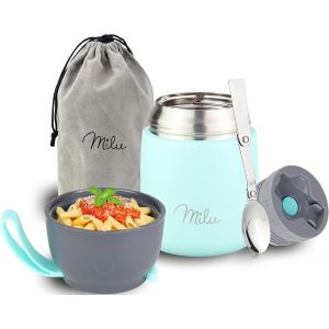 Boîtes Alimentaires Isothermes 450ml I 650ml I 800ml, Boîte Isotherme Repas Chaud Porte-Aliments En Acier Inoxydable À Double Couche, Cuillère Pliante Pour Ecole, Bureau (650ml/Gris) - Neuf