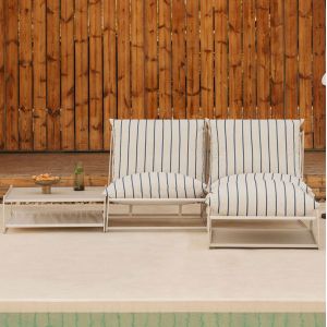 Ensemble De Jardin Amaro Avec Canap&eacute; Modulable 2 Pi&egrave;ces, Table D'appoint Et Pouf Convertible Tapioca Beige - Bleu Marin - Neuf