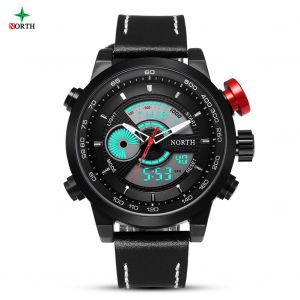 Montre-Bracelet A Quartz Ronde Pour Homme, Double Affichage Numerique Et Analogique, Bracelet En Cuir (Cadran Noir) - Neuf
