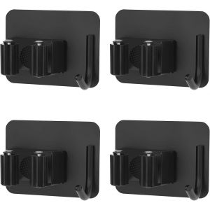 Lot de 4 supports muraux pour balais et serpillères adhésifs en acier inoxydable avec crochets pour cuisine, jardin, balcon, garage, noir - Neuf