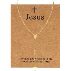 Kal-Chapelet Avec Perles Catholiques Pour Femmes Et Hommes - Pendentif En Forme De Croix En Y - Avec Crucifix En Acier Inoxydable Et Carte De Jésus - Neuf