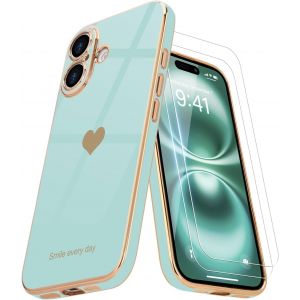 Pps-Coque Compatible Avec Iphone 16 Plus + 2 Films De Protection D'écran, Coque Pour Fille, Coque De Protection D'appareil Photo Galvanisée Pour Iphone 16 Plus, Perle Aqua - Neuf