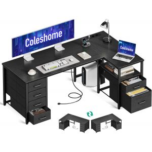 KSFAL-Bureau D'Angle Avec Tiroirs En Tissu,Réversible Bureau En L Avec Tiroir Classeur,Bureaux Ordinateur Avec Port De Chargement Usb Et Prise De Courant,Bureaux À Domicile(Noir,140X70Cm) - Neuf