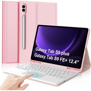 Coque Clavier Samsung Galaxy Tab S9 Fe Plus/S9 Plus 12.4"" 2023 Avec Touchpad, Étui Keyboard Azerty Layout Bluetooth Amovible Avec Pavé Tactile Avec Porte Crayon, Rose - Neuf