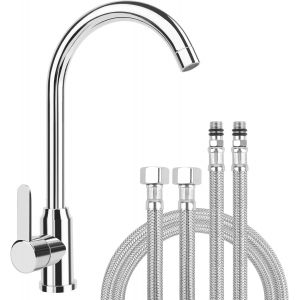 Robinet Cuisine Mitigeur Monocommande Acier Inoxydable Froid Chaud Disponible Zone de Rotation 360° avec Flexible G3/8¿ - Neuf