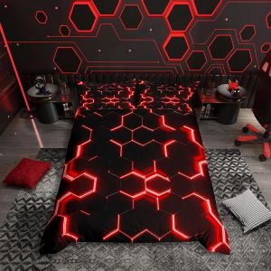 Cheng-Housse De Couette En Nid D'abeille G&eacute;om&eacute;trique Rouge Et Noir Housse De Couette 200x200cm Hexagonal Parure De Lit Enfants Adolescents En Nid D'abeille Literie Set Avec 2 Taies D'oreiller - Neuf