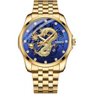 Eryi-Montre Homme Acier Inoxydable: Montre Homme Bracelet Détachable Analogique Quartz Cadran Rond Avec Dragon Doré Gravure/Index Diamant/Calendrier/3atm Étanche- Cadeau Anniversaire - Neuf
