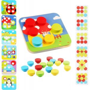 TDRFL-Jouets Éducatifs D'Éveil Puzzle Animaux Jouet Montessori Jeu De Mosaïque Enfichable Pour Enfants Avec Planches À Chevilles En Bois 16 Blocs De Construction Colorés Et 12 Cartes Cadeau De Jouet - Neuf