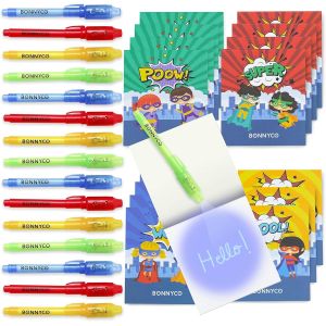 Stylo Encre Invisible et Carnet de Notes Pack 16 Super Heros Petits Cadeaux Anniversaire Super Heros Garcon et Fille, Cadeau Anniversaire Enfants Invités, Jouet Pinata | Pochette Surprise - Neuf