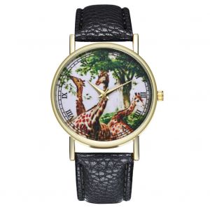 Montre-Bracelet Zhoulianfa A Quartz Avec Cadran Rond En Pu Et Motif Girafe Pour Homme Et Femme (Noir) - Neuf