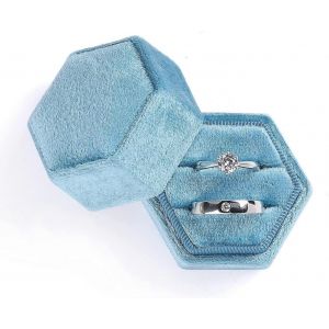 Bo&icirc;te &Agrave; Bagues De Bijoux En Velours, Hexagone Premium Magnifique Vintage Double Ring Bo&icirc;te-Cadeau Avec Couvercle Amovible Pour La C&eacute;r&eacute;monie De Mariage De Fian&ccedil;ailles De Proposition (Bleu Ciel) - Neuf