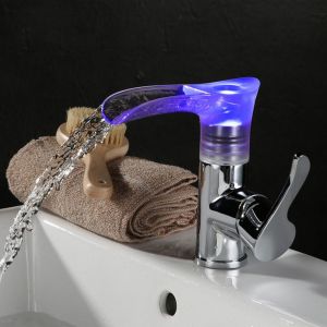 HJLIAN Robinet cascade LED en laiton pour lavabo de salle de bain, controle de la temperature, robinet d'eau G3/8"", norme UE - Neuf