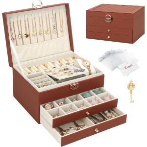 Boîte à bijoux, Organisateur de bijoux avec tiroir, Boîte de rangement de bijoux en cuir à 2 couches avec serrure, Coffret à Bijoux pour collier, d'oreille, bracelet, Vert foncé - Neuf