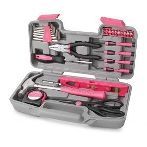 Coffret &agrave; outils rose de 39 pi&egrave;ces comprenant pinces, marteau, tournevis et plus encore - Neuf
