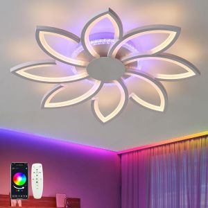 Subzonal-Luminaire Plafonnier Rgb Avec T&eacute;l&eacute;commande App, Lustre Led Dimmable Avec Fonction M&eacute;moire, Lampe Plafond 72w Chambre &Agrave; Coucher Avec Fleurs Pour Bureau, Salon - Neuf