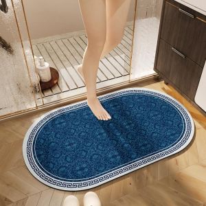 KAL-Tapis De Bain En Caoutchouc Antidérapant 40X60Cm, Tapis De Bain Absorbant Séchage Rapide Pour Salle De Bain, Minimaliste Tapis De Salle De Bain Lavable, Ovale (Bleu) - Neuf