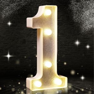 Eryi-Lumière Led En Forme De Chiffre 1 À Paillettes Argentées, Convient Pour Décoration De Fête D'anniversaire, Fête Prénatale, Arrière-Plan De Mariage, Décoration D'intérieur, 21,6 Cm (Blanc Chaud) - Neuf