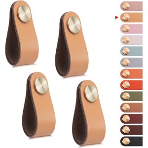 YUJTG-4pcs Poignée Meuble Cuir, Bouton Porte Placard Poignee Cuir Bouton de Tiroir, Poignee de Meuble Vintage pour Armoires, Commode, Cuisine, Salle de Bain (Beige, Monotrou) - Neuf
