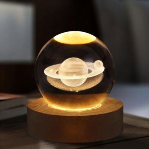 Veilleuse Boule De Cristal 3d,Boule De Cristal De La Galaxie Spatiale,Lampe De Nuit Boule De Verre Avec Base En Bois,Veilleuse Led De La Galaxie,Boule Cristals Syst&egrave;me Solaire - Neuf