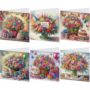 Ayuhr-6pcs Diamond Painting Carte Anniversaire Tableau Diamant Carte De Voeux Diamant Painting Birthday Card Broderie Diamant Carte Voeux Peinture Diamant Carte Postale Fleur Gâteau Happy Birthday - Neuf
