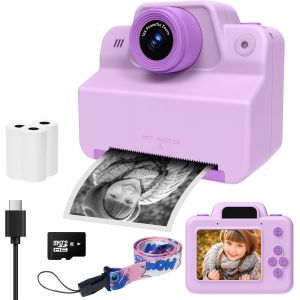 Appareil Photo Instantané,Mini Appareil Photo Numérique à Impression Instantanée Enfants avec SD Carte,Exposition Automatique 1080P Caméra Vidéo,Cadeau pour Filles Garçons 3-12 Ans (Violet) - Neuf