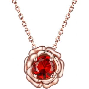 Collier Femme Fleur Rose En Vermeil,Pendentif Rose Orné De Pierre De Naissance En Zircon Cubique,Avec Chaîne Fine Ajustable De 45+5cm - Neuf
