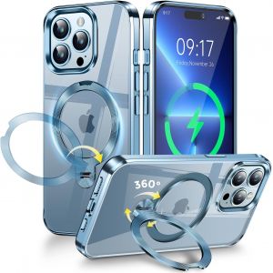 [Anneau M&eacute;tallique CD & 360&deg; Rotation Support Invisible] Coque Magn&eacute;tique pour iPhone 13 Pro Max [Compatible Magsafe] [Pare-Chocs Antichoc Galvanis&eacute;] Coque Fine Transparente avec Support u2013 Bleu - Neuf