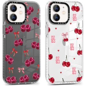 Kal-2 Pièces Coque Pour Iphone 12/Iphone 12 Pro, Étui De Protection Avec Aesthetic Design Noeud Motif, Silicone Transparente Femme Fille Housse Etui Bumper Cover Pour Iphone 12 Pro 6,1'', Cerise - Neuf