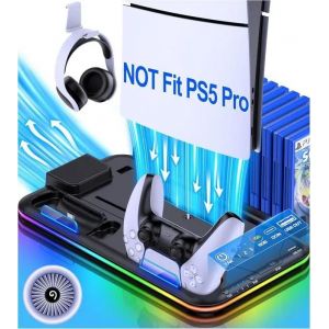 Ps5 Support Pour Ps5 Slim Neu, Ps5 Avec Ventilateur À 3 Niveaux, Refroidisseur Ps5, Lumière Rvb, Rangement De 15 Jeux - Noir - Neuf