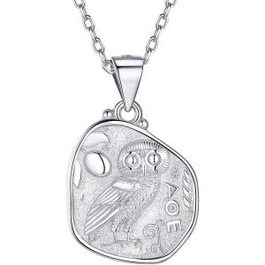 Collier Chouette Athena Femme Argent 925 Pendentif Pi&egrave;ce Monnaie M&eacute;daille Fantaisie Plaqu&eacute; Or Avec Cha&icirc;ne 45+5 Cm Bijoux Hidoux Cadeau Anniversaire Pour Femmes Fille - Neuf