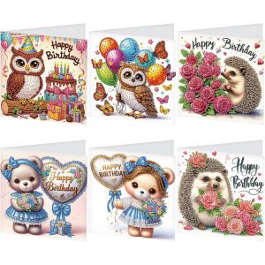 Ayuhr-Lot De 6 Cartes De V?ux, Motif De Chouette, Hérisson, Ours, Peinture Diamant, Cartes D'anniversaire, Cartes De Remerciement, Cartes De Vacances, Broderie Au Point De Croix, Peinture Diamant - Neuf