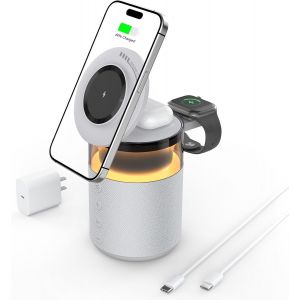 Enceinte Bluetooth 3 En 1 Avec Lumi&egrave;re De Nuit Et Chargeur Sans Fil, Compatible Avec Iphone 17/16/15/14/13/12 Pro Max, Apple Watch Et Earbuds &Agrave; Charge Sans Fil, Adaptateur De 33W - Neuf