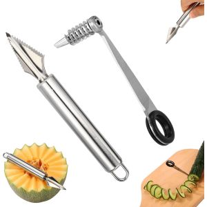 Mevronisshop-Couteau Spirale L&eacute;gumes Et Couteau Sculpture Fruits Ensemble, Coupe Spirale En Outil Sculpture Fruits En V Pour Trancher Pommes De Terre Ou Graver Melon Ustensiles De Cuisine Cr&eacute;atifs - Neuf