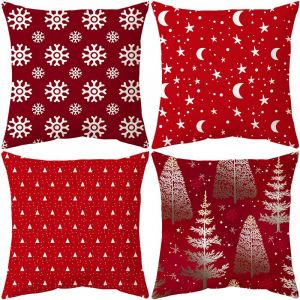 Lot De 4 (45x45cm, Rouge + Flocon De Neige) Housse De Coussin De Noël Housse De Coussin Motif Cerf De Noël Décoration De La Maison, Convient Pour Canapé Noël Maison Salon - Neuf