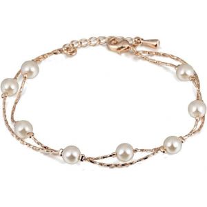 Femme Brin Bracelet 18ct Plaqu&eacute; Or Ros&eacute; Avec Blancs Imitation Perles - Neuf