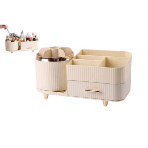 Organisateur De Maquillage Rotatif Avec Porte-Pinceaux Et Tiroirs - Blanc - Neuf