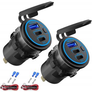 JGD-Prise USB 12V Chargeur USB Filaire Port Multiple, Double Prise PD3.0 USB-C et Quick Charge 3.0 pour Voiture avecinterrupteur de Puissance, Convient &agrave; la Voiture, au Bateau, au v&eacute;hicule de Plaisan - Neuf